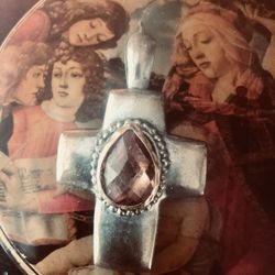 Large Sterling Silver Antique Cross With Quality Citrine Ordered In 18K Gold In Center 