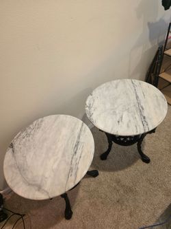 Round Marble Top Side Tables with Cast Iron Base – Set of 2