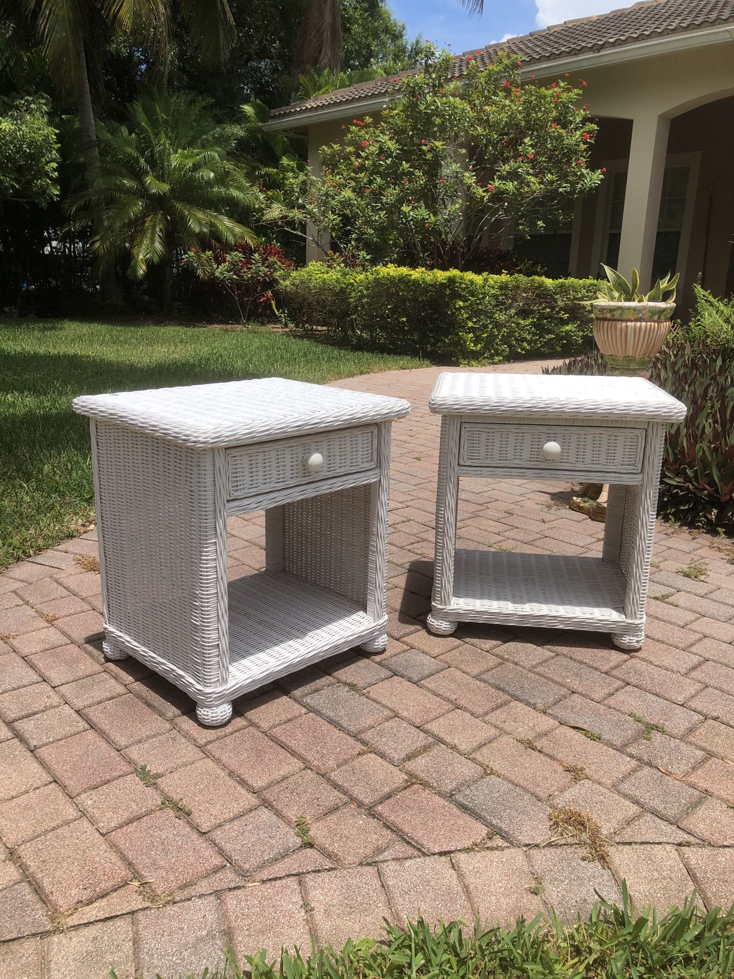 PAIR - White Wicker Nightstands - Cottage Coastal End Table Rattan
