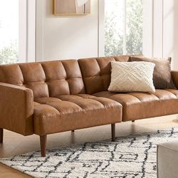 mopio Aaron 76.8" Couch, Small Futon Sofa Bed, Sleeper, Loveseat, Mid Century Modern Futon Couch, Sofa Cama, Couches for Living Room, Bedroom (Pecan B