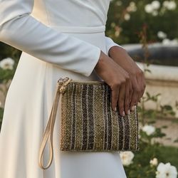 Amanda Smith hand Beaded gold Clutch Bag Purse Wristlet