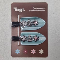 Tagi Metal Floret Floral Hair Clips 2 Pack Blueberry Stripe Acetate Rhinestone
