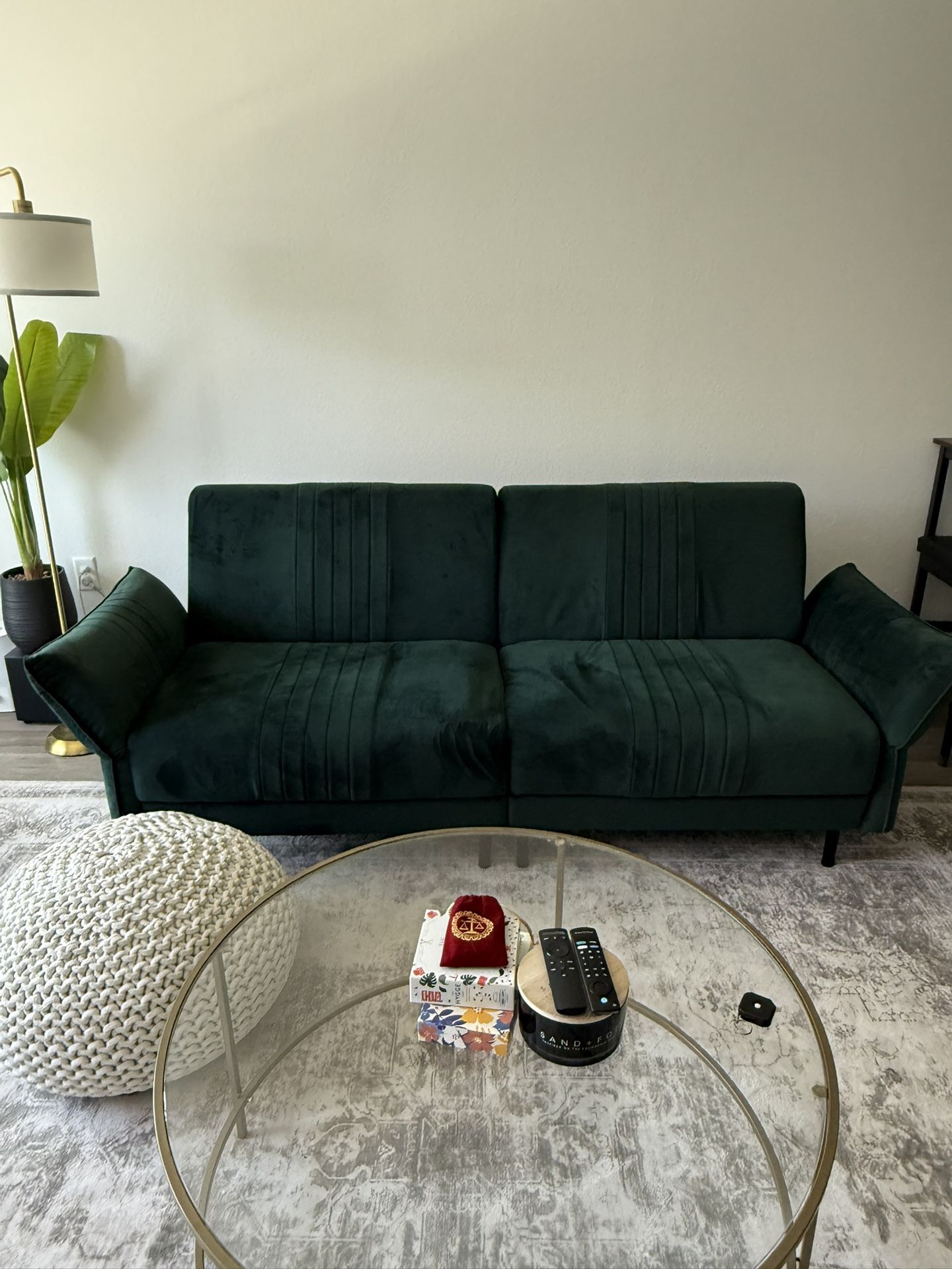 Green Velvet Couch & Futon - In Very Good Condition