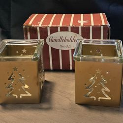 2 Clear Glass Candle  Holders Gold Finish Metal Accents Xmas Trees