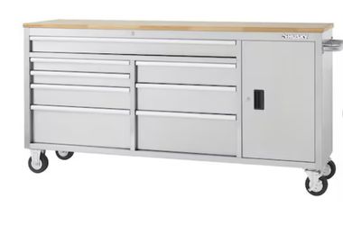 72 in. W x 18 in. D Heavy Duty 8-Drawer 1-Door Mobile Workbench Tool Chest with Solid Wood Top in Stainless Steel