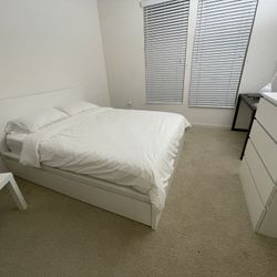 IKEA MALM Queen Bed Frame with 4 Storage Drawers (White) Like New + LURÖY Slatted bed base