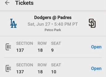 Padres vs Dodgers - 2 tickets 6/27 540pm