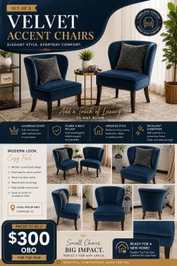 Pair of Premium Living Spaces Navy Velvet Accent Chairs with pillows – Excellent Condition – $450 OBO