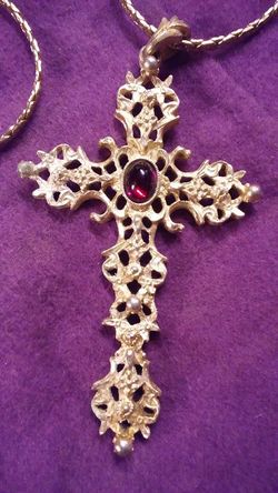 Vintage Large Filigree Avon 3" Cross Pendant & Vintage Necklace