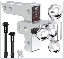 Kingfun Silver color Adjustable Trailer Hitch - Drop Hitch 2 Inch Receiver Tri Ball 6" Rise/Drop  Heavy Duty Aluminum Tow Hitch With 1-7/8", 2" & 2-5/