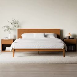 Full Size Japanese Joinery Platform Bed Frame, Mid-Century with Tall Headboard, Noise-Free Solid Bam