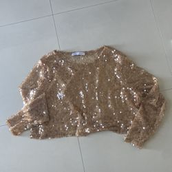 Zara Top Gold Sequin  Long Sleeve Crop TopSheer Top Size M