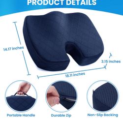 Seat Cushion - Memory Foam Cushion for Office Chair, Car Seat, Airplane, Bleacher - Sciatica & Coccyx Pain Relief Desk Chair Cushion for Long Sitting 