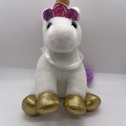 Frankford White Unicorn Pink Purple Roses Fur Tail Gold Horn & Gold Hooves 9"