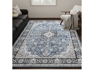 6x9 Rugs for Living Room, Vintage Design Washable Rug, Low Pile Non Slip Backing Area Rug for Bedroom, Home Decor, Farmhouse, Dining Room, Blue & Blac