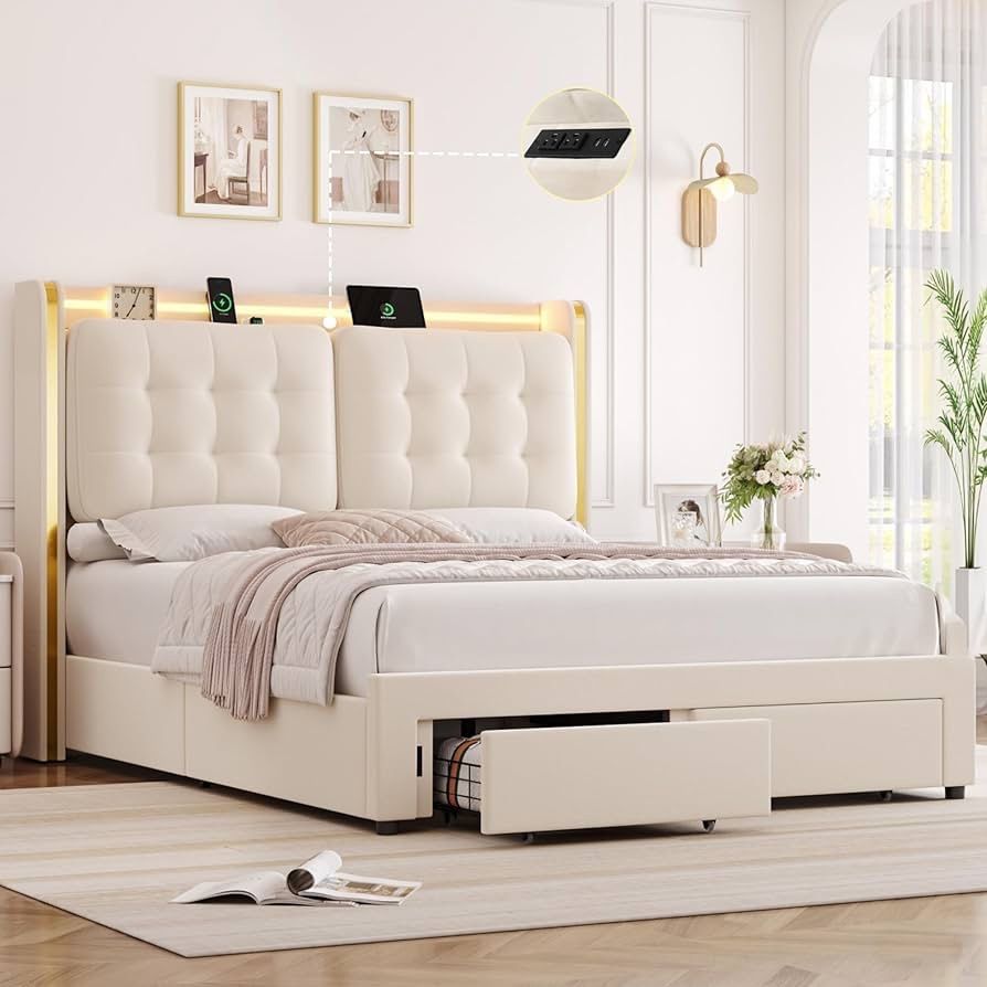 Upholstered LED Queen Size Bed Frame with Storage and Charging Station, Lavish Wingback Headboard with Fluffy Tufted Cushions, Modern Velvet Queen Pla
