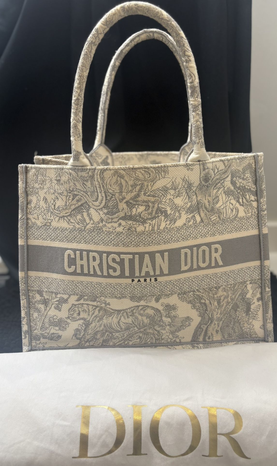 Medium Dior Book Tote Ecru and Gray Toile de Jouy Embroidery