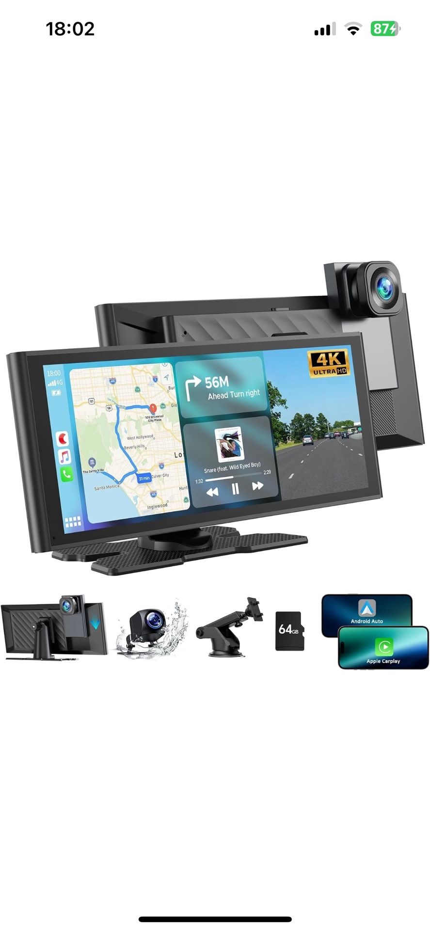 9.26'' Wireless CarPlay Screen with 4K Dash Cam, Car Stereo, 1080p Backup Camera