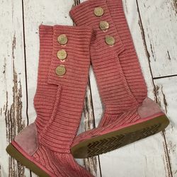 UGG AUSTRALIA CLASSIC CARDY KNIT SWEATER PINK WOVEN BUTTON BOOTS