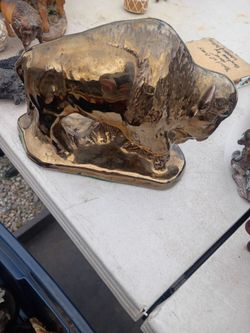 Gold Brass Buffalo Bison Figurine Statue