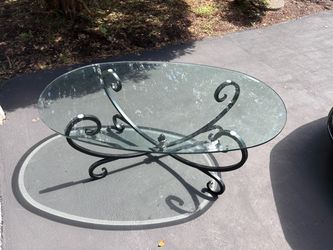 Oval Glass Top Coffee Table w/Wrought Iron Base