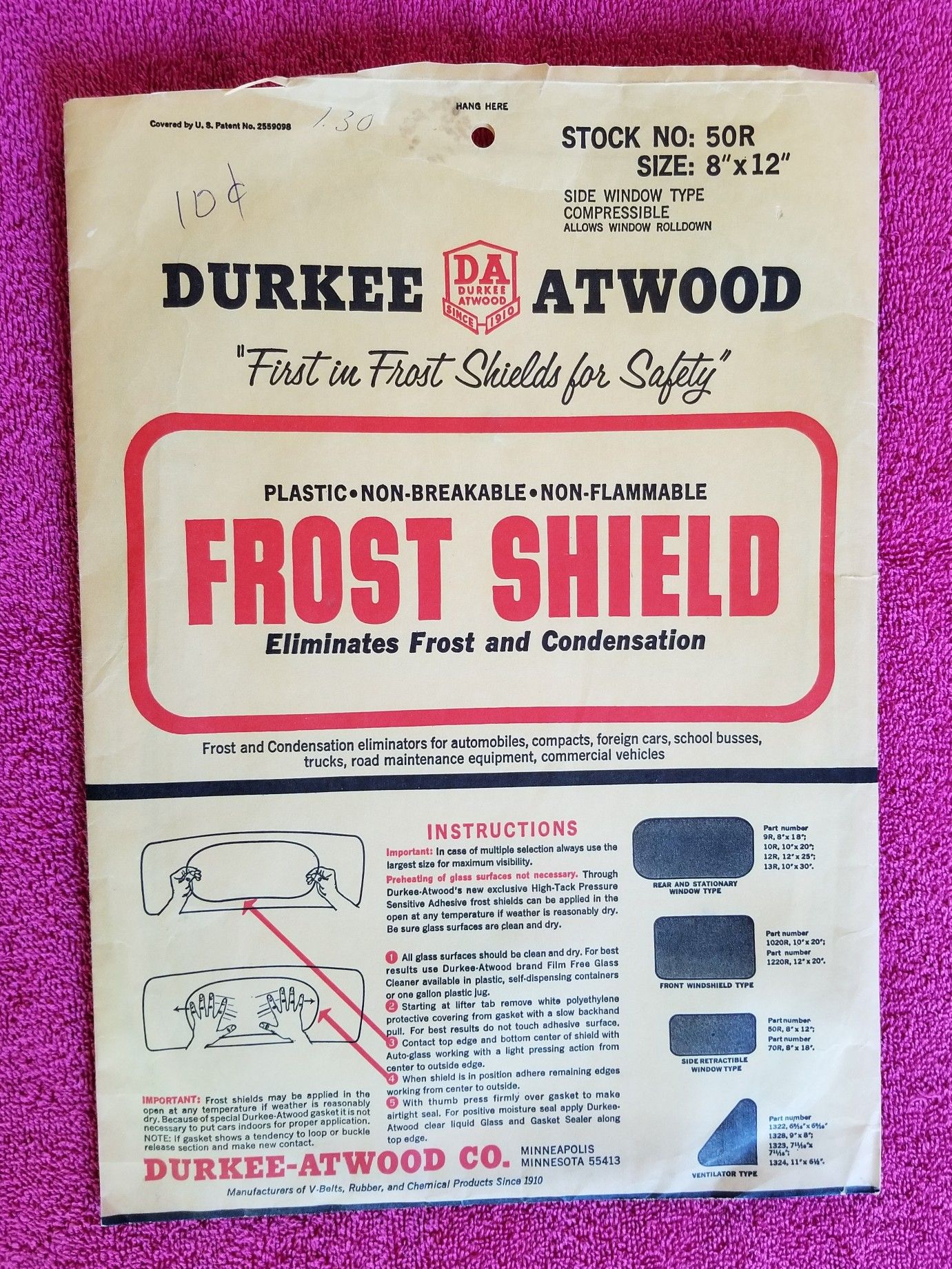 Durkee Atwood Frost Shield Size 8"x12" Side Window Vintage