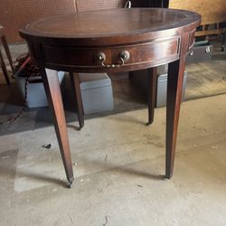 Antique Round End Table With Leather Top