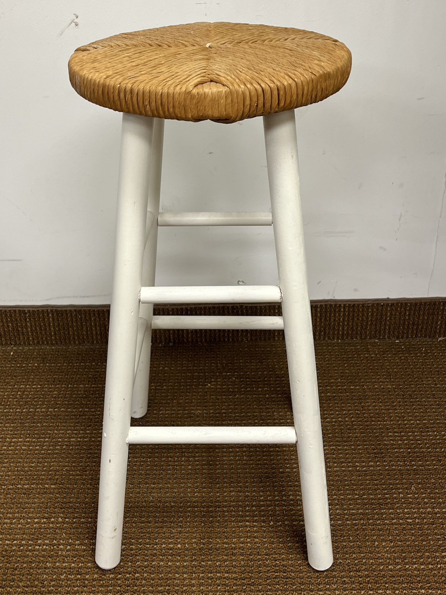 White Bar stool with Rush Seat. Good seat, legs have scuffs