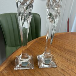 Pair of MIKASA Slovenia Lead Crystal Candlestick Art Deco Holders 5 1/2"