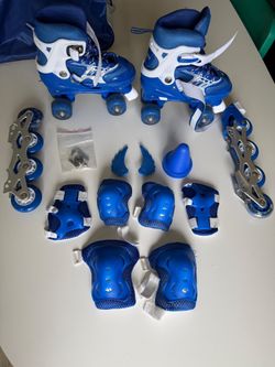 🛼 Kids 3-in-1 Adjustable Skates (Quad + Inline) + Full Protective Set — BLUE