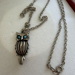 Vintage 24” chain necklace with owl turquoise eyes silver pendant 1.5” In great condition  No markings on both pendant or chain