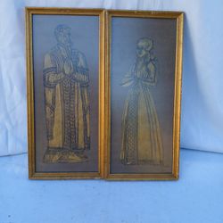 (2 Set) 20 x 9 Vintage Framed British Brass Rubbing Medieval Style Wall Decorative Arts