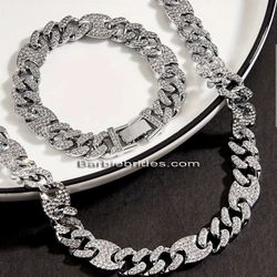 2-Pcs FULLY ICED 14K White Gold Plated Cubic Zirconia Coffee Beans Cuban Link Chain 18.5 Inches Necklace & Bracelet Set 