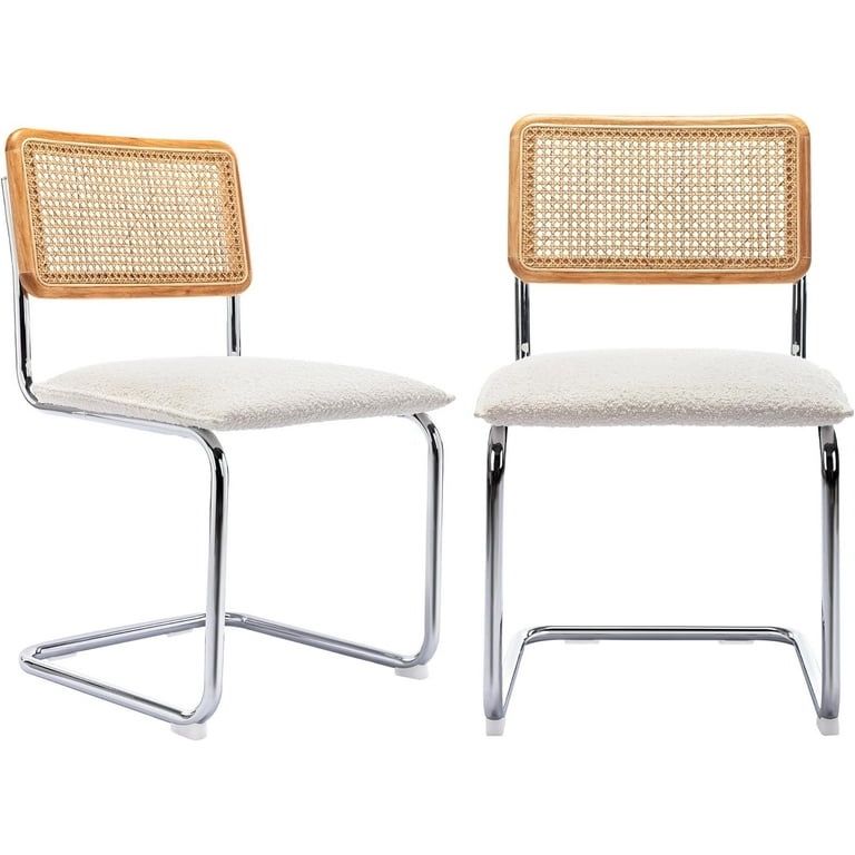 Upholstered Boucle Dining Chairs Set of 2, Sturdy Rubber Wood Frame Cane Chairs, Kitchen Chairs with Natural Cane Back, Stainless Chrome Base for Dini