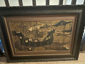 Large Framed Japanese Ship Scene Art
