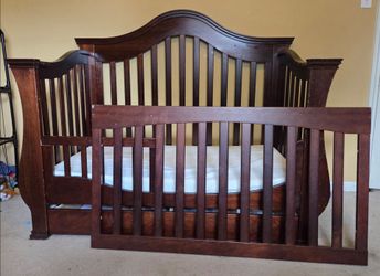 Dark Wood Convertible Toddler Bed/Crib and Matching Changing Table/Dresser