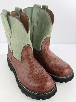 Ariat Womens 9B Fatbaby Cowboy Boots Brown Faux Ostrich Green Suede
