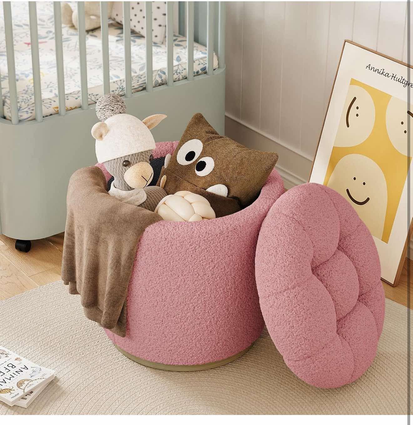Nursery Stool with Storage, Sherpa Vanity Stool, 18.5" (Pink L-1