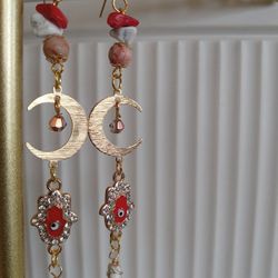 Tarnish Free Gold Plated Moon Earrings With Eye-Catching Rhinestone Hamsa Hand and Evil Eye Charms, Red Agate, Howlite, Redline Jasper, and Wire Wrapp