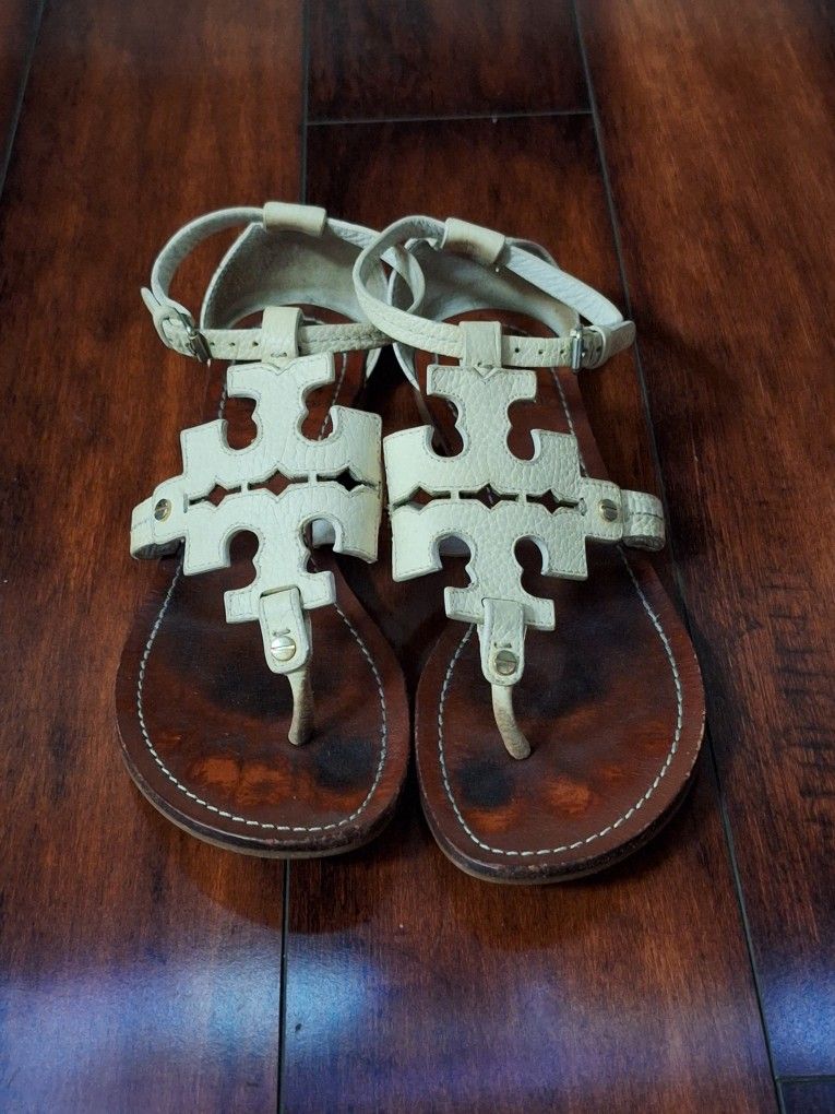 Tory Burch Phoebe Flat Thong Sandals Ivory Tumbled Leather, Size 10.5M