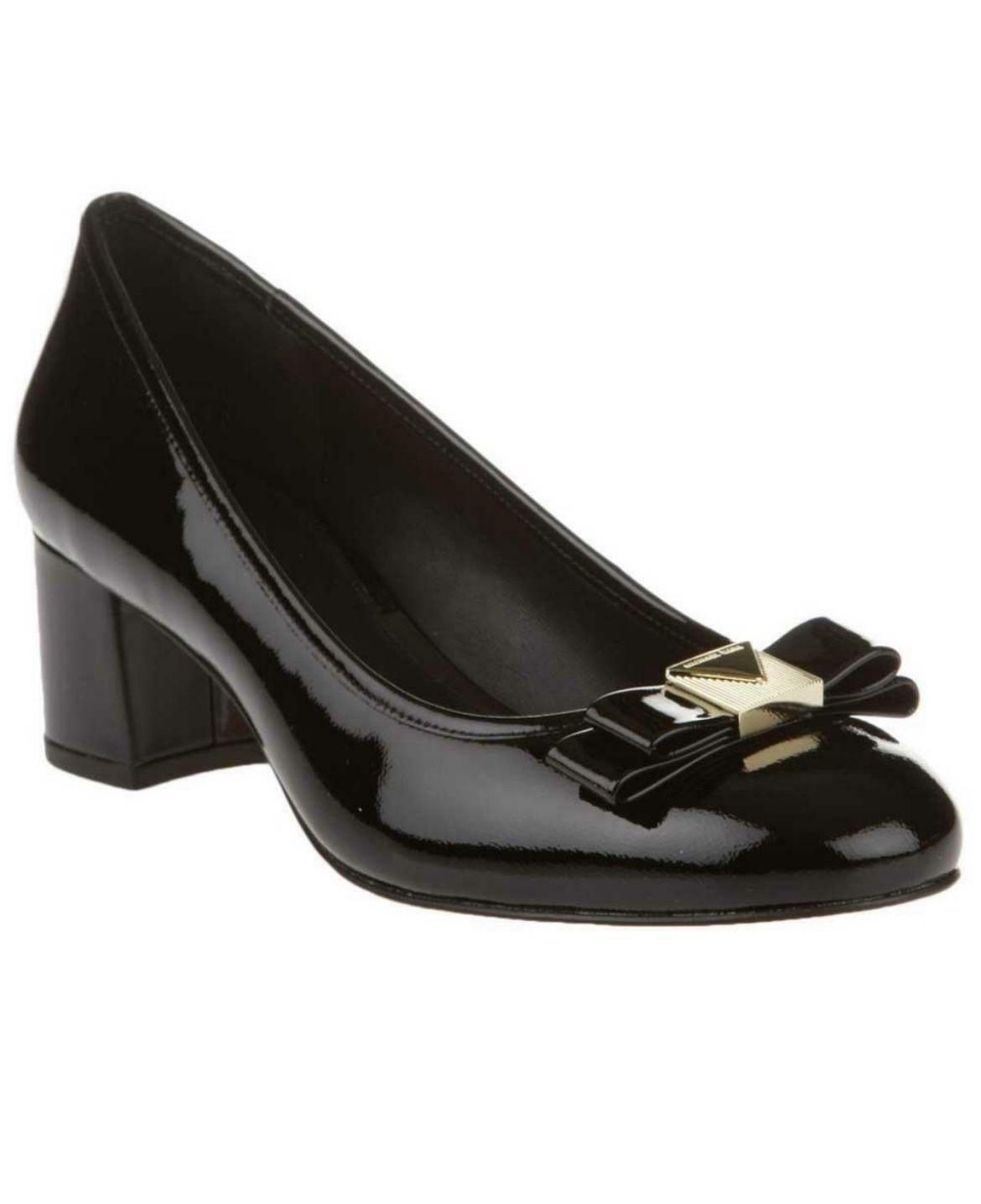Michael Michael Kors Black Caroline Mid Heel Pumps Chic black patent heels with a stylish gold bow detail. Perfect for adding elegance to any outfit.