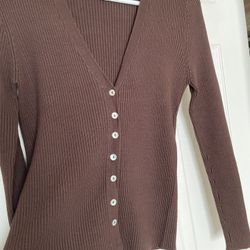  Brand New! Cardigan Sweater Ribbed Brown Petite S Small 
