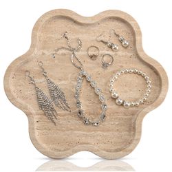 WORHE Natural Travertine Stone Tray For Jewelry Makeup Perfume Flower-Shaped Italy Marble Vanity Tray For Bathroom Bedroom Dresser Countertop Handcraf