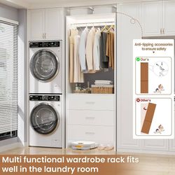 2FT Closet System with 3 Drawers, 24’’ Closet Organizer, Wood Closet Organizer System, Walk-in Closet or Small Closets Wardrobe, Clothes Rack with Han
