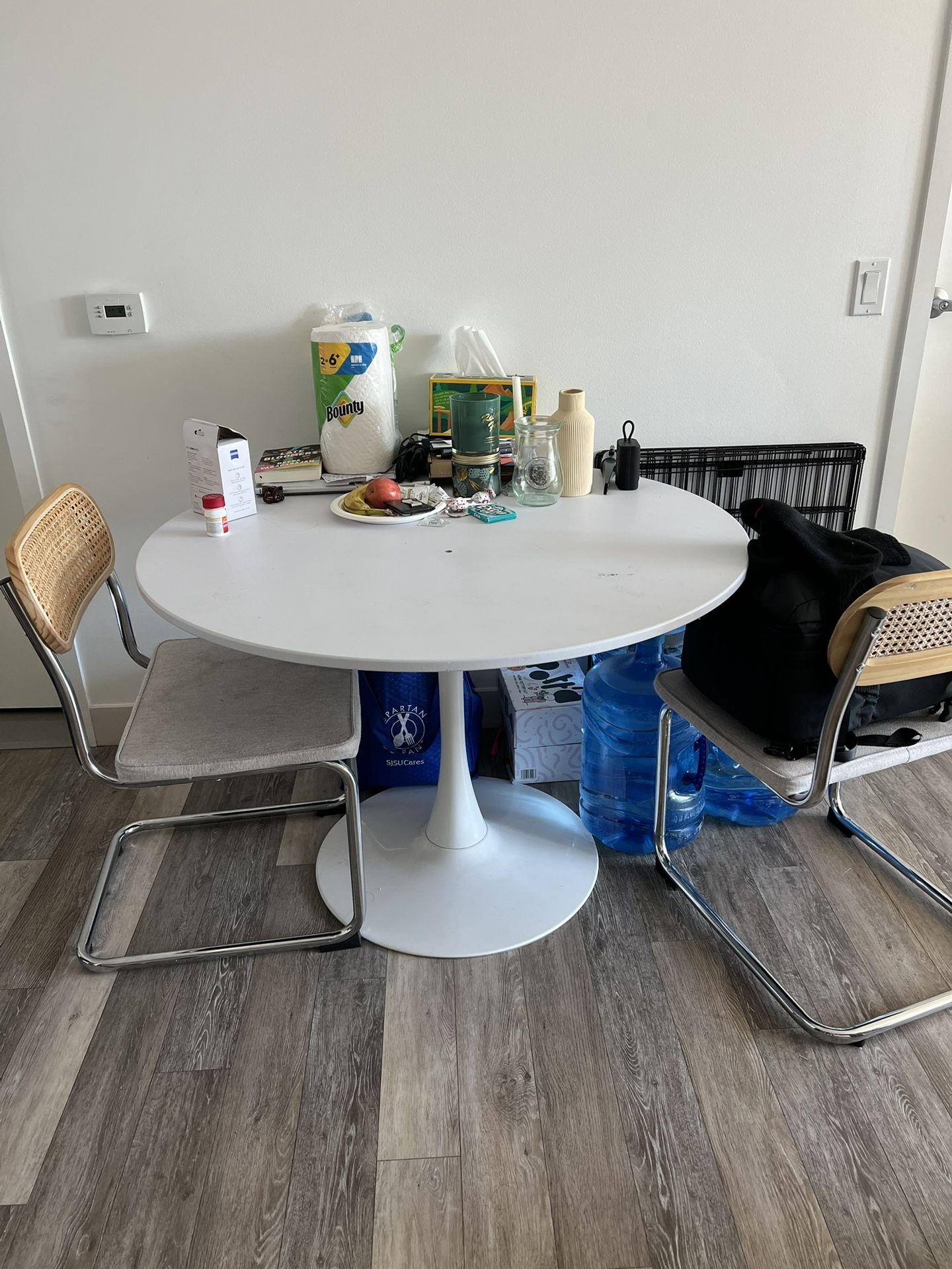 Circle White Table + Two Chairs