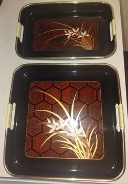 Vintage Himark NISHI GARDEN 2pc Lacquerware Tray Set - Japan 1984