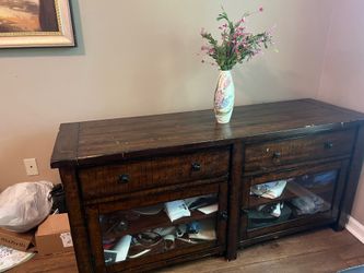 Pottery Barn 65” Benchwright TV console in rustic mahogany
