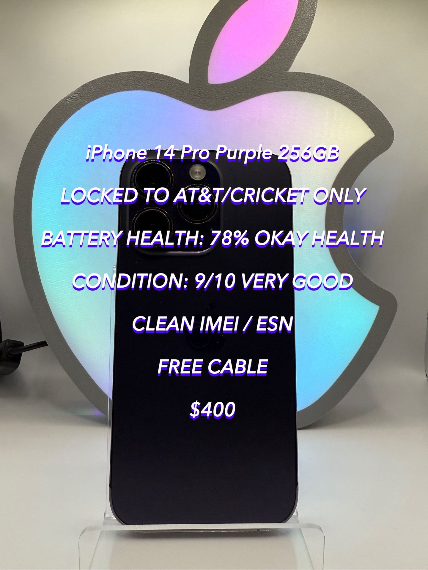 iPhone 14 Pro Purple 256GB LOCKED FOR AT&T/CRICKET Used Authentic