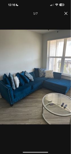 Blue Velvet Sectional Sofa with Chaise