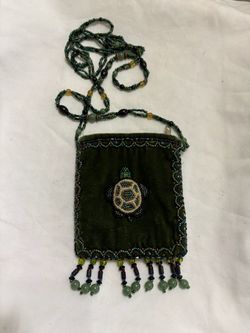 Vintage Green Velvet Beaded Turtle Crossbody Bag